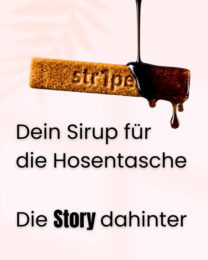 Brauner Sirupflasche mit dem Text "Dein Sirup für die Hosentasche" und "Die Story dahinter".
