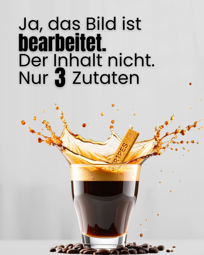 Kaffeetasse mit Spritzern, daneben Text über die Zutaten.